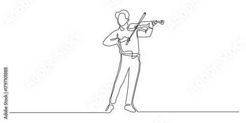 Continuous line drawing of a person playing the violin. A single line drawing of a person standing holding a violin and bow, depicting music, performance, musician activity, and artistic expression.