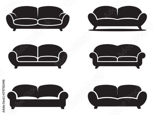 Collection of modern sofa icons in a clean silhouette style