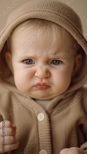portrait of a baby making a disgusted face, reacting to bad taste