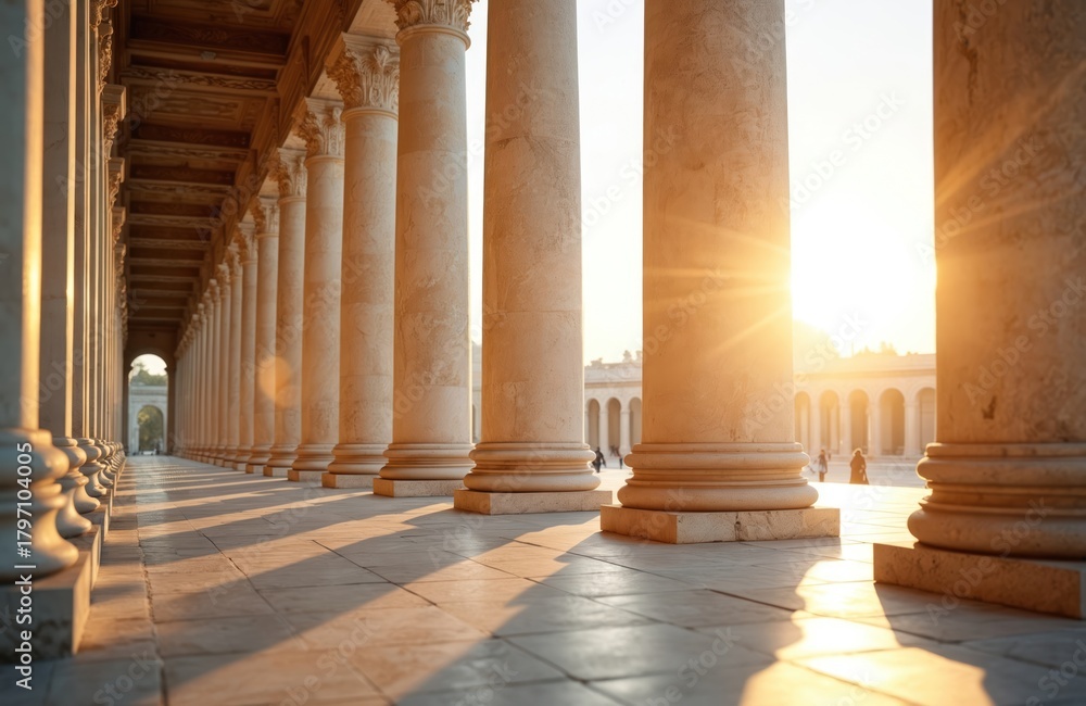 Fototapeta premium Stone columns line building walkway at sunset. Sunlight beams through architecture, casting long shadows on paved ground. People stroll past classic facade, suggesting history and travel.