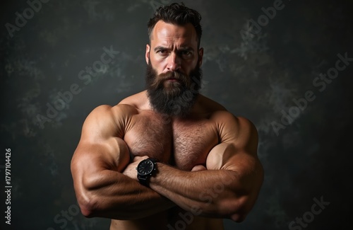 Muscular man with beard poses confidently. He wears watch arms crossed. Strong athletic body shows fitness. Image conveys masculinity strength power. Studio photo against dark backdrop.
