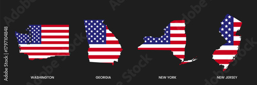 United States Flag in Washington, Georgia, New York and New Jersey State Map on Black Background