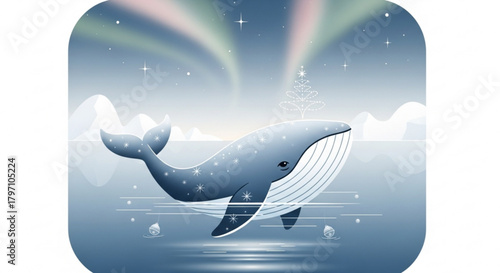 Enchanting whale swims under aurora with festive Christmas tree, perfect for winter holiday cards, children's books, or magical seasonal marketing campaigns