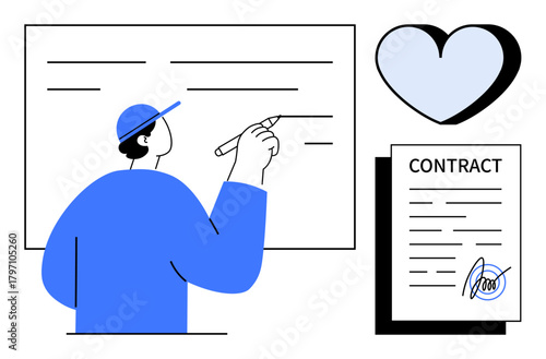 Person writing on board with marker, heart symbol and signed contract in minimal design. Ideal for education, collaboration, agreements, love, commitment, planning trust. Simple flat metaphor