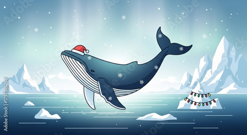 Festive whale wearing Santa hat in icy waters illustration, bringing holiday cheer to the arctic with snowy decorations and winter wonderland vibes