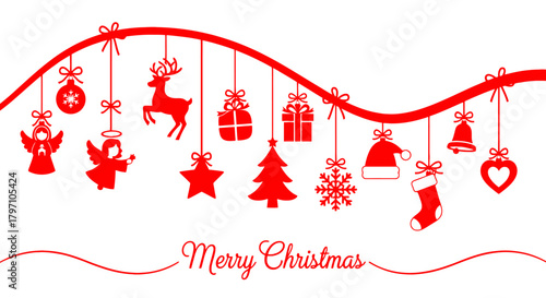 Red christmas festive ornaments string with merry christmas text