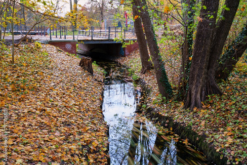 Spiegelung eines fließenden Gewässers in der Herbstlandschaft