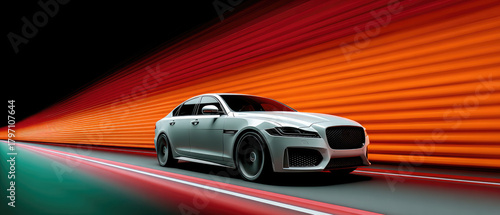 Sleek Luxury Car Racing Through Futuristic Neon Light Tunnel at High Speed