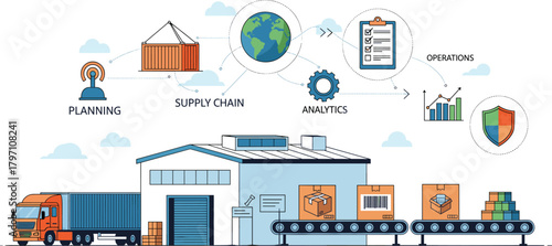 Logistics supply chain vector illustration with warehouse, conveyor belt, delivery truck, planning, analytics, operations icons, shipping, transportation workflow design