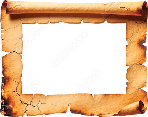  A weathered, charred parchment scroll frame with cracked edges and a clean white center, ideal for vintage document, history, or antique-themed projects and stock photography