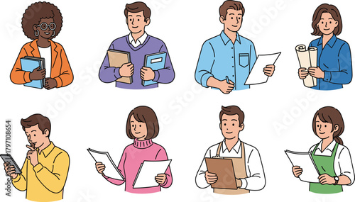 Diverse group of professionals and students, teamwork, collaboration, education, workplace diversity, career roles, modern illustration, multicultural, business concept, learning