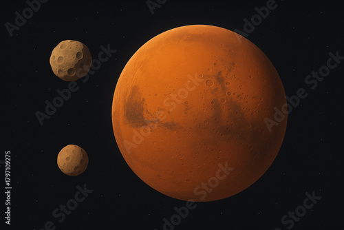 Vector Illustration of Phobos, Deimos moving around Mars with Same Direction