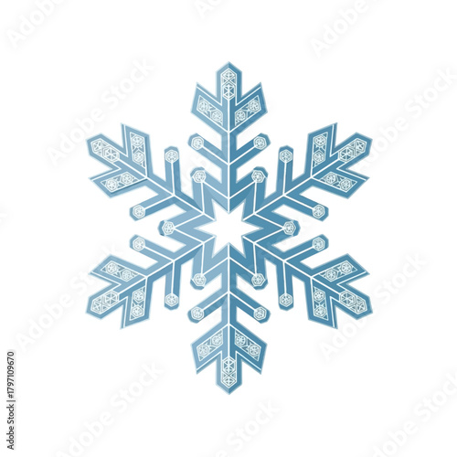 Intricate light blue snowflake with crystalline details on a white background, symbolizing winter and cold weather.