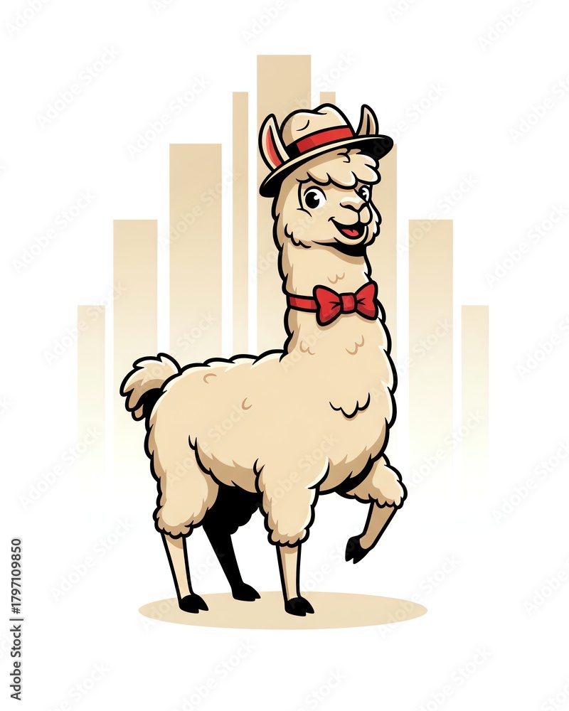 Obraz premium A cartoon llama wearing a hat and bow tie stands on a tan ground with building silhouettes