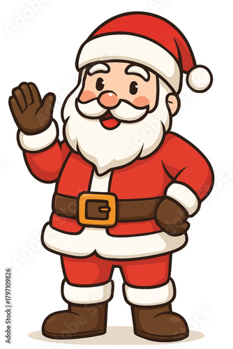 Festive cartoon Santa Claus waving cheerfully in classic red suit with white trim, brown gloves and boots, smiling with rosy cheeks and holiday spirit—perfect for Christmas and seasonal designs