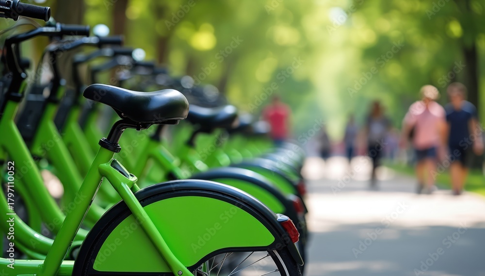 Fototapeta premium Bright green bicycles stand in a row at a park station. People walk on a path nearby. City bike sharing offers eco friendly urban transport and healthy activity.