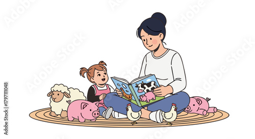 A mother sits cross-legged on a rug reading a book about farm animals to her young daughter, surrounded by plush toys.
