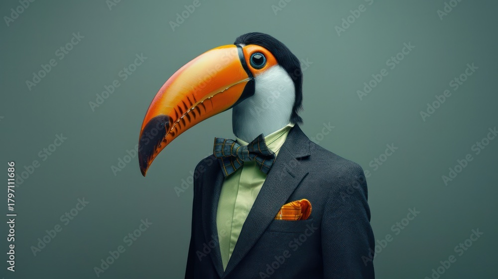 Fototapeta premium Fantasy Toucan dressed in an elegant suit with a nice bow tie, confident and classy. Fashion portrait of an anthropomorphic animal, bird, posing