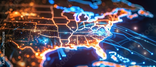 Abstract digital map of USA, concept of North America global network and connectivity, data transfer and cyber technology glowing light.