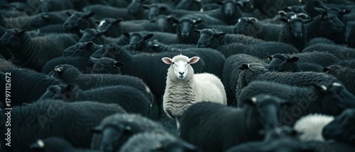 White sheep among a flock of black sheep isolated individual difference from group farm.