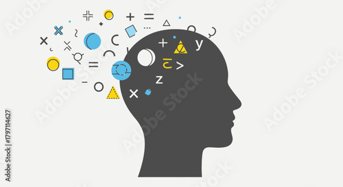 Silhouette head with floating shapes and symbols representing thought and ideas.