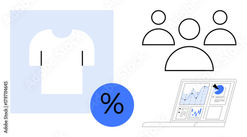 Shirt icon, percentage sign, team figures, and laptop with analytics dashboard. Ideal for marketing, e-commerce, analytics, sales strategy customer behavior teamwork online retail. Simple flat