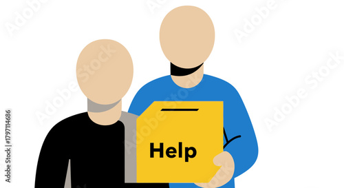 Two figures, one holding a yellow box labeled "Help", suggesting charity or assistance.