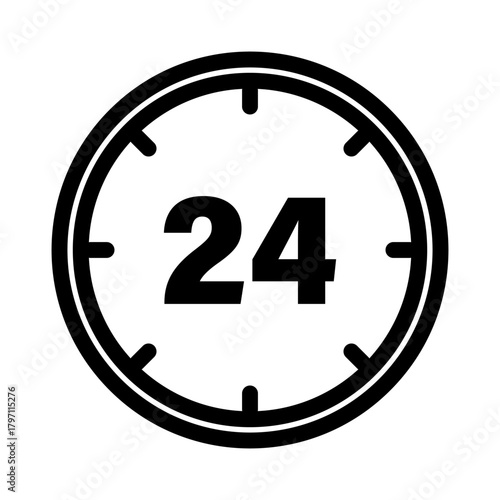 Time twenty four 24. Hours service icon. Clock Vector symbol. Black white graphic.