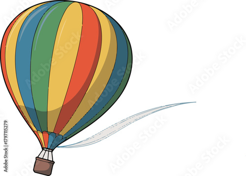 Colorful hot air balloon vector flying through the sky with a trailing white cloud or smoke stream