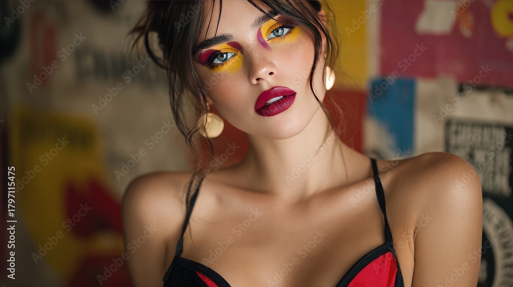 Obraz premium Vibrant Fashion Portrait: Bold Makeup and Stylish Attire in Urban Setting
