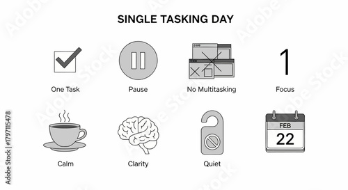 Black and white icons illustrating concepts for a Single Tasking Day