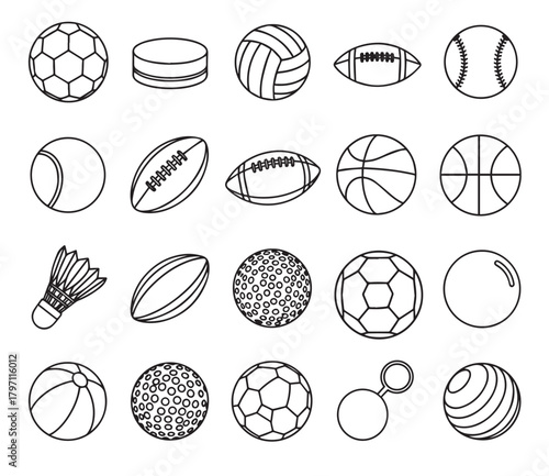 Collection of Outline Sports Balls and Equipment Icons