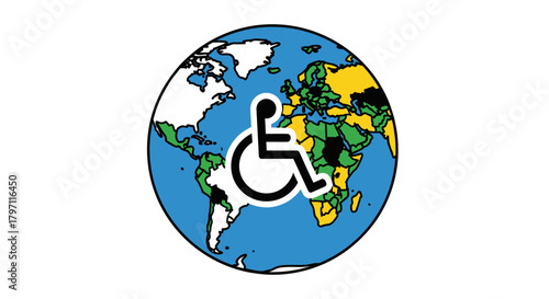 A world map showcasing disability awareness with a wheelchair symbol overlaid.