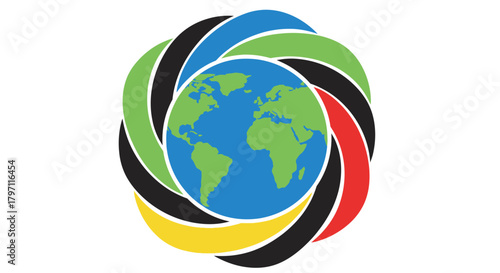 World map encircled by interwoven rings in green, black, red, yellow, and white.