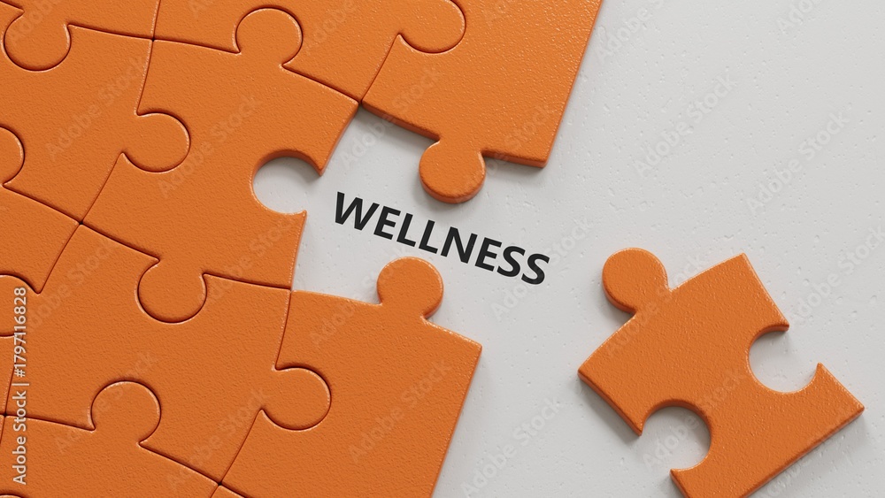 Fototapeta premium Wellness text word on puzzle pieces with missing pieces.3D rendering.