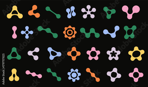 Set of colorful sci-fi futuristic metaball pictograms, icons and shapes on a black background. Big collection of symbols for chemistry and science related topics.