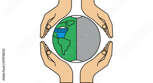 Hands cradle a divided globe, one half vibrant with green land and blue water, the other barren and gray.