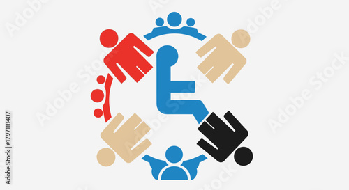 Illustration depicting a wheelchair symbol surrounded by diverse figures in a circle, representing inclusion and community.