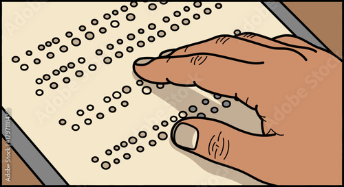 Hand reading Braille on a page, using tactile perception.