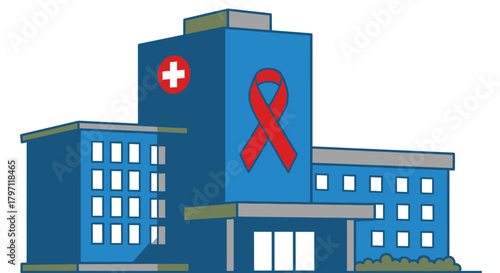 A blue hospital building with a red AIDS ribbon and a medical cross.