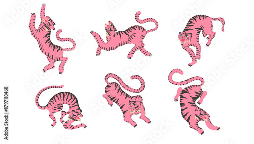 Funky animal walk bundle with isolated tiger doodle tattoo print set.
