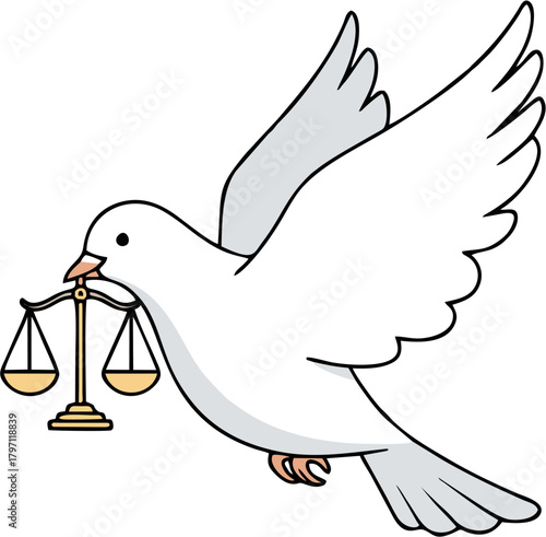 A white dove carrying the scales of justice in its beak, symbolizing peace, fairness, and legal proceedings in a clean illustration
