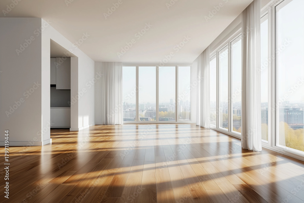 Fototapeta premium An empty, modern living room interior, ready for virtual furniture or product placement