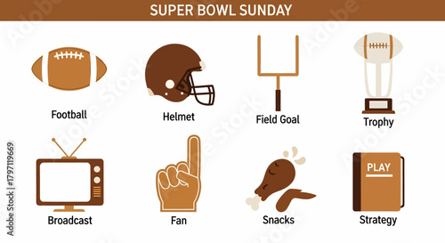 Eight icons representing elements of Super Bowl Sunday football helmet field goal trophy broadcast fan snacks and strategy