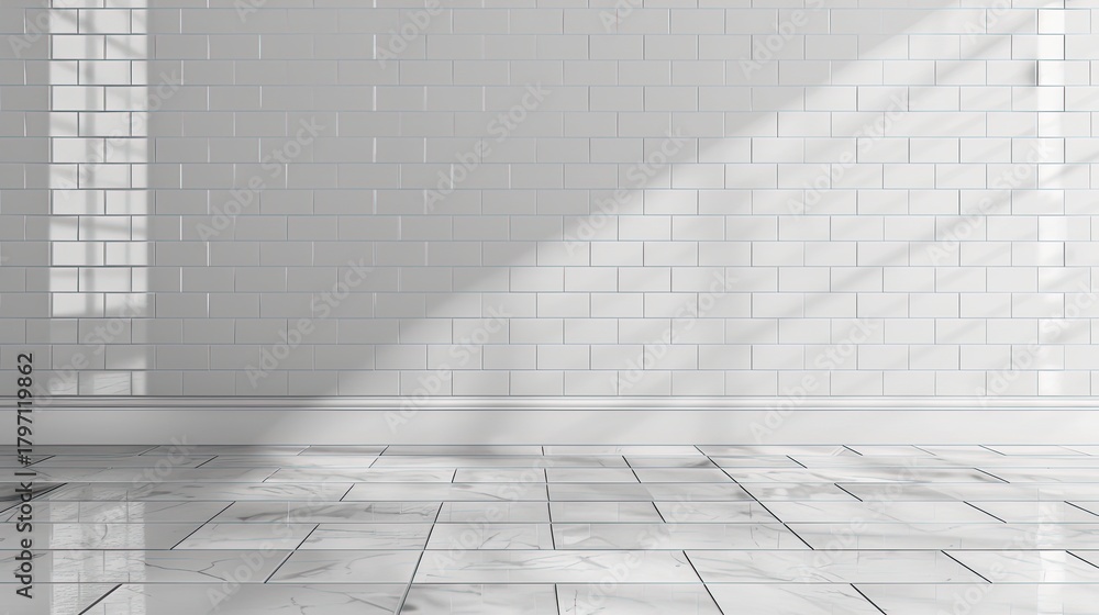 Fototapeta premium A clean, bright, and modern bathroom interior featuring glossy white glazed subway tiles on the wall, often with a minimalist bathtub. Represents hygiene and contemporary design.