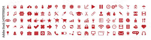 Mega icon set. 100+ universal solid red glyphs for web, mobile app, e-commerce, business, and Christmas. Vector illustration.