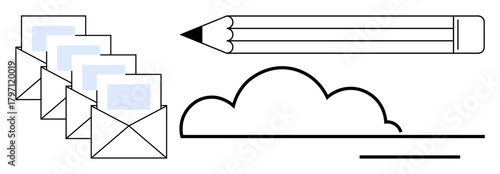 Four envelopes, pencil, and cloud shape represent creative communication, messaging, and ideas. Ideal for creativity, writing, teamwork organization storytelling technology and connection. Simple