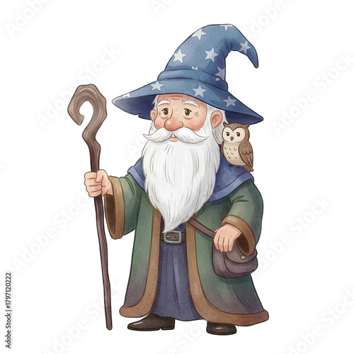 Whimsical Wizard With Owl Companion And Wooden Staff Standing On A Transparent Background Detailed Watercolor Illustration