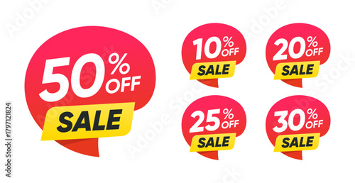 50%, 10%, 20%, 25%, 30% Off Bubble Label Discount Sale Badges Set