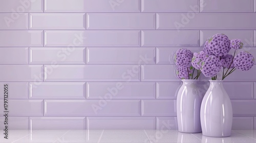 A stylish interior scene with a soft lavender or pastel purple subway tile wall with a matte finish. Perfect for modern, feminine, or bathroom decor concepts.